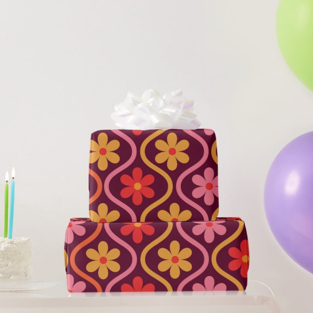 Papel De Presente Flores Laranja Rosa Vermelho no Padrão Antigo Ogee (Presentes para festas)