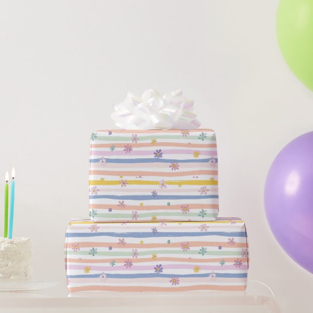 Papel De Presente Flores Listras Pastel Casamento Chá de Bebê Menina (Presentes para festas)