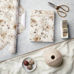 Papel De Presente Flores Marrons Creme Aniversário