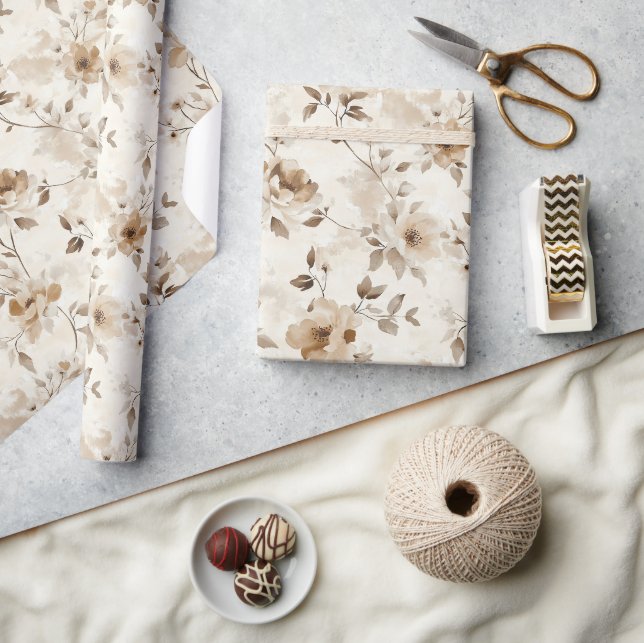 Papel De Presente Flores Marrons Creme Aniversário (Artesanato)