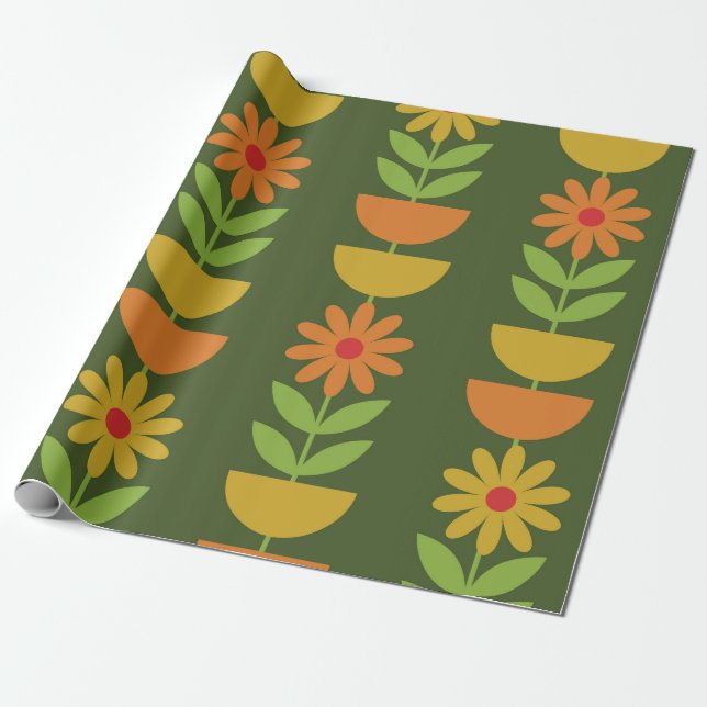 Papel De Presente Flores Mid Mod com semicírculos geométricos (Desenrolado)