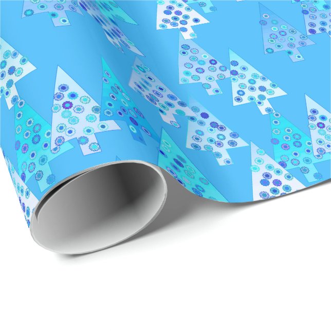 Papel De Presente Flores modernas árvores de Natal - azul-céu (Ponta do rolo)