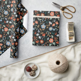 Papel De Presente Flores Modernas Laranja Azul Azul Azul Floral Botâ