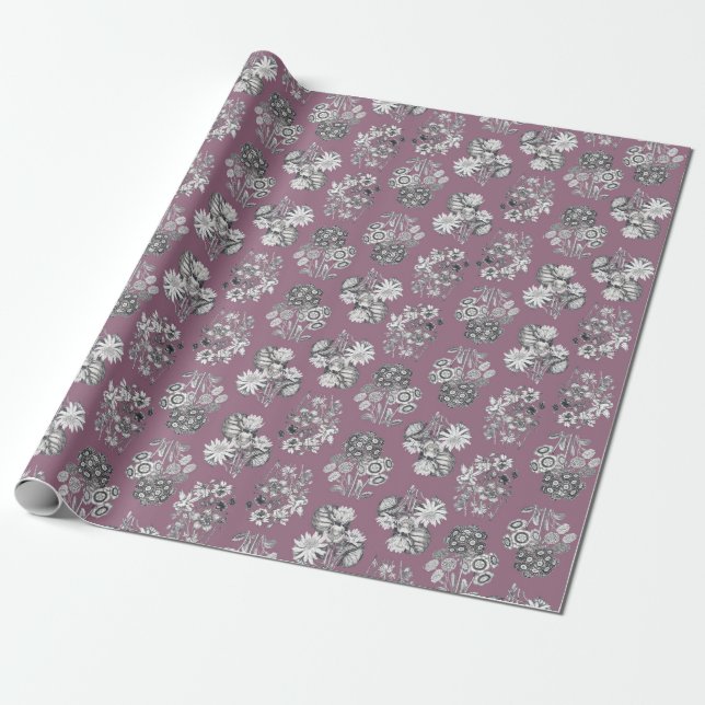 Papel De Presente Flores Monocromáticas em Guve Background Giftwrap (Desenrolado)