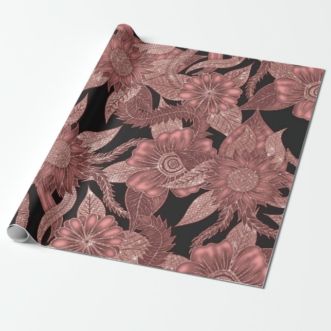 Papel De Presente Flores Negras Glamorosas Rosa Douradas (Desenrolado)