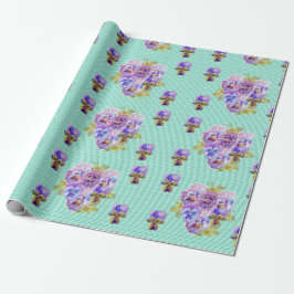 Papel De Presente Flores Pansy florais Aqua Stripe Molho