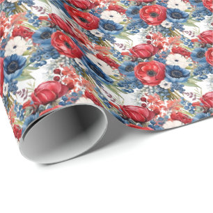 Papel De Presente Flores Patrióticas Vermelhas Brancas e Azuis