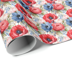 Papel De Presente Flores Patrióticas Vermelhas Brancas e Azuis