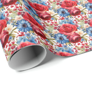 Papel De Presente Flores Patrióticas Vermelhas Brancas e Azuis