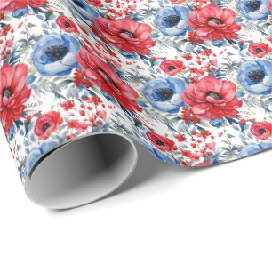 Papel De Presente Flores Patrióticas Vermelhas Brancas e Azuis
