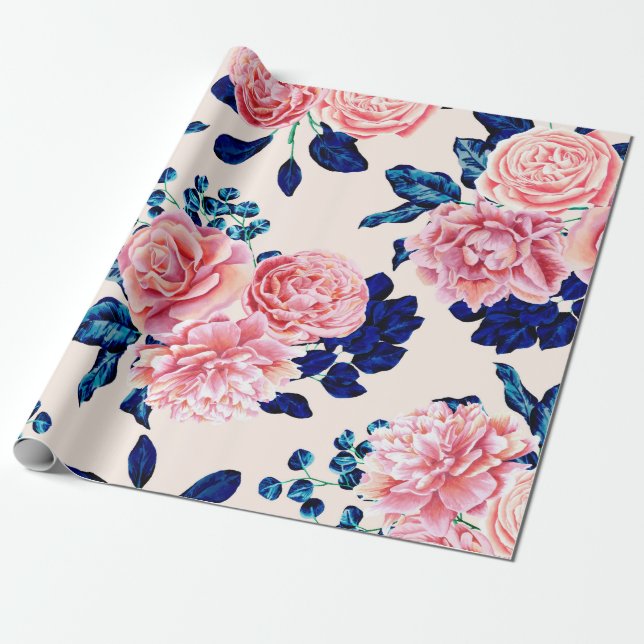 Papel De Presente Flores pintadas de Marinho azul-rosa-menina (Desenrolado)