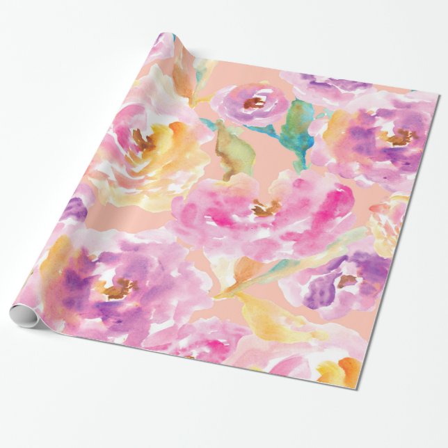 Papel De Presente Flores pintados mão bonitos da aguarela (Desenrolado)
