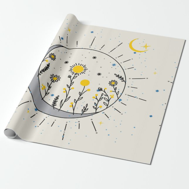Papel De Presente Flores planeiam o sol e a arte gráfica da lua (Desenrolado)