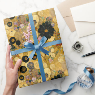 Papel De Presente Flores pretas e Abstrato Dourado   Klimtesque