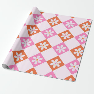 Papel De Presente Flores Retro Brancas em Ouros Laranja e Rosa