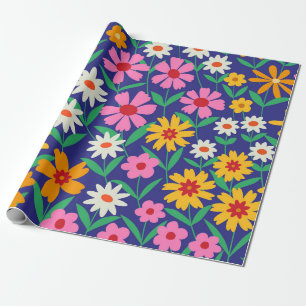 Papel De Presente Flores Retro Coloridas Boho em Azul Marinho