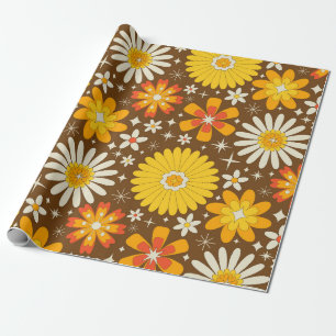 Papel De Presente Flores Retro dos Anos 70 com Explosões Estelares A