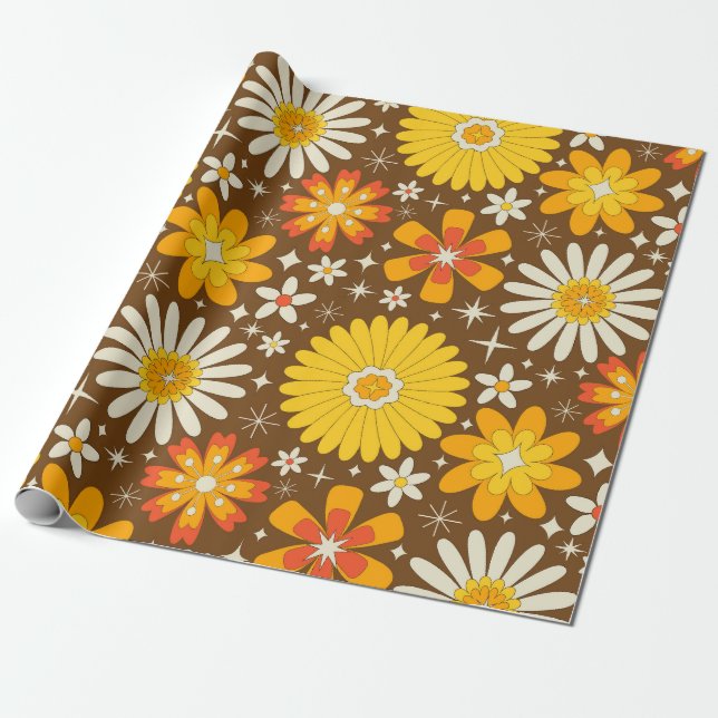 Papel De Presente Flores Retro dos Anos 70 com Explosões Estelares A (Desenrolado)