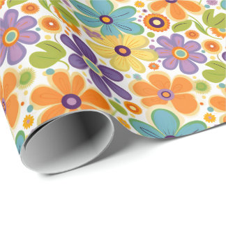 Papel De Presente Flores Retro Laranja Lilac e Verde