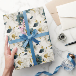 Papel De Presente Flores Românticas em Creme Verde Azul-turquesa