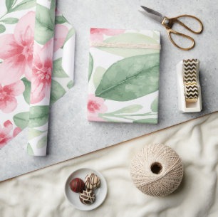 Papel De Presente Flores Rosa Delicadas com Folhas Verdes sobre Bran