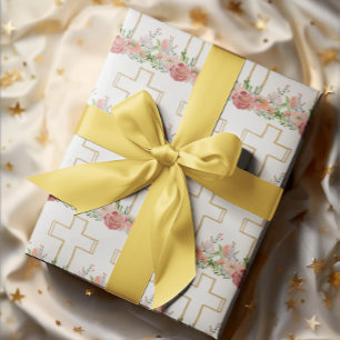 Papel De Presente Flores Rosa Douradas Páscoas Religiosas