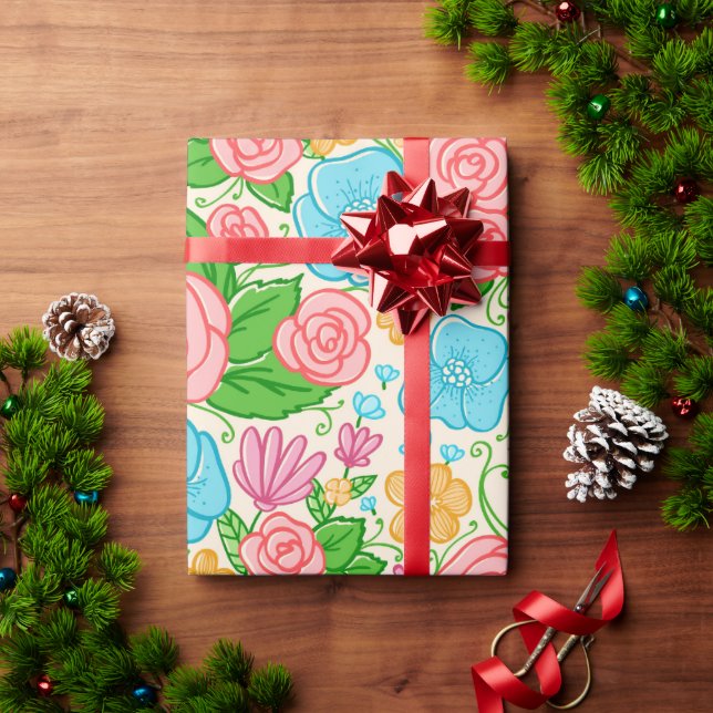 Papel De Presente Flores Rosa E Azul (Presente de Natal)