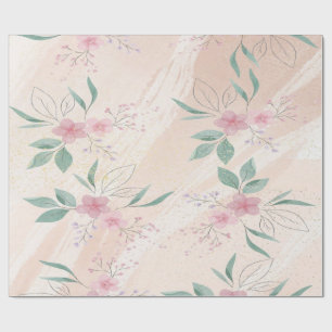 Papel De Presente Flores rosa e folhas verdes Arte floral moderna