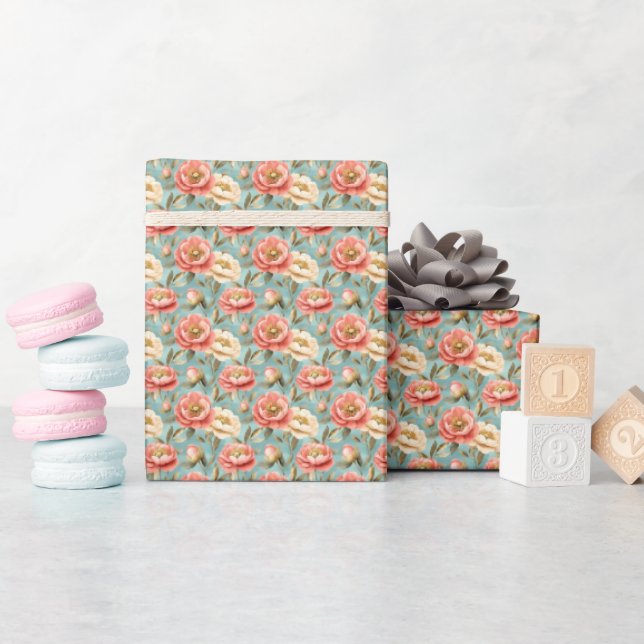 Papel De Presente Flores Rosa e Marfim no Turquesa (Chá de bebê)
