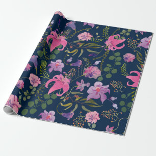 Papel De Presente Flores rosa e violeta com folhas verdes na d