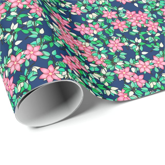 Papel De Presente Flores rosa, fundo azul escuro (Ponta do rolo)