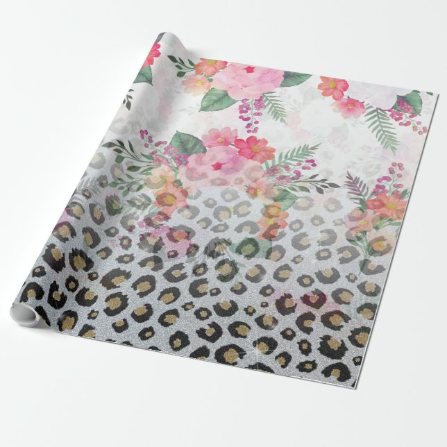 Papel De Presente Flores-rosa-impressas, pretas, Douradas prateadas, (Desenrolado)
