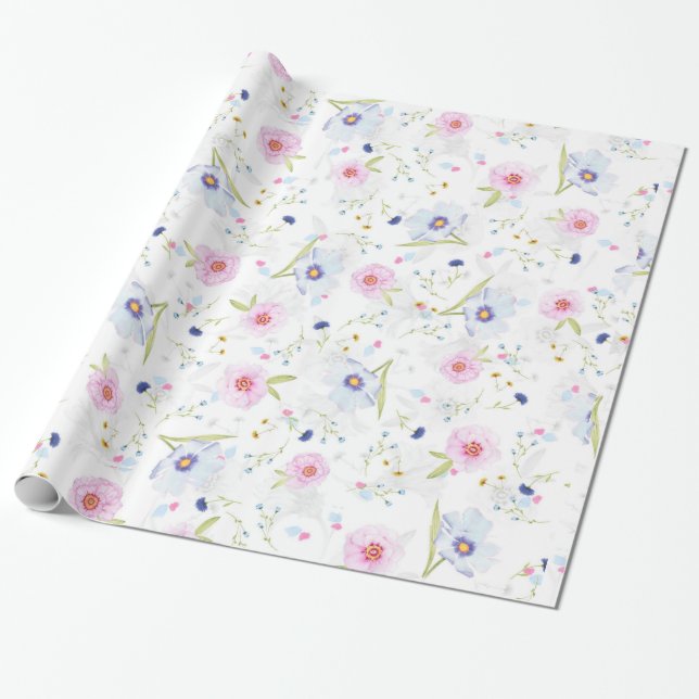 Papel De Presente Flores Rosa Pálidas E Azuis (Desenrolado)