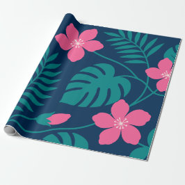 Papel De Presente Flores Rosa Tropical e Desenho de Folhagem Verde
