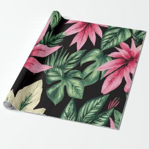 Papel De Presente Flores Rosa Tropical e Padrão de Folhas de Palmeir