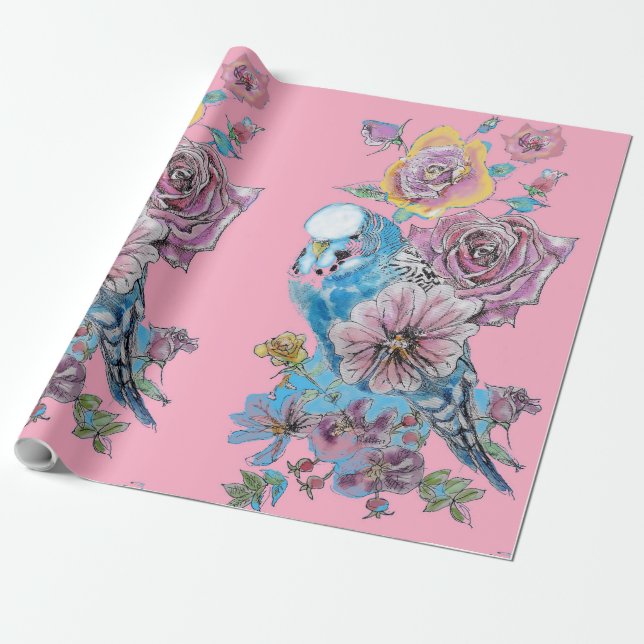 Papel De Presente Flores Rosas de arte Blue Budget Wraping Aquarela (Desenrolado)