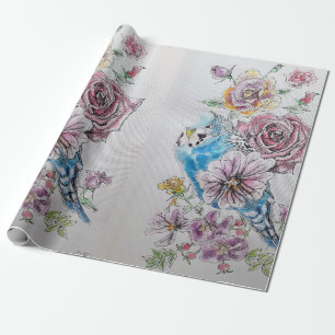 Papel De Presente Flores Rosas de arte Blue Budget Wraping Aquarela