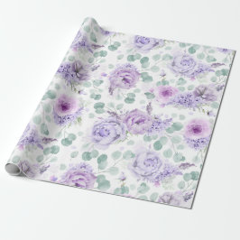 Papel De Presente Flores Roxas Dusty Eucalipto Deixa Botânico