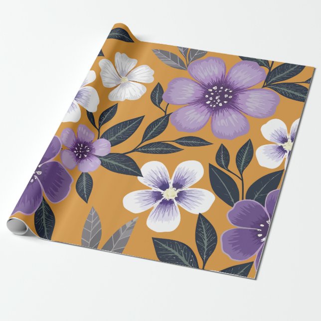 Papel De Presente Flores roxas e brancas num fundo de mostarda (Desenrolado)