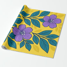 Flores Roxas & Folhas Azul-Celeste em Fundo Amarel