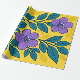 Papel De Presente Flores Roxas & Folhas Azul-Celeste em Fundo Amarel