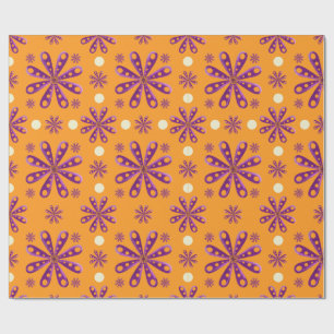 Papel De Presente Flores Roxas Retro em Fundo Laranja