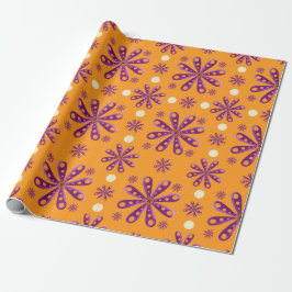 Papel De Presente Flores Roxas Retro em Fundo Laranja