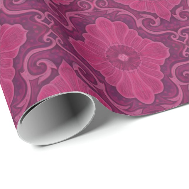 Papel De Presente "Flores Ruby" padrão arabesco floral (Ponta do rolo)