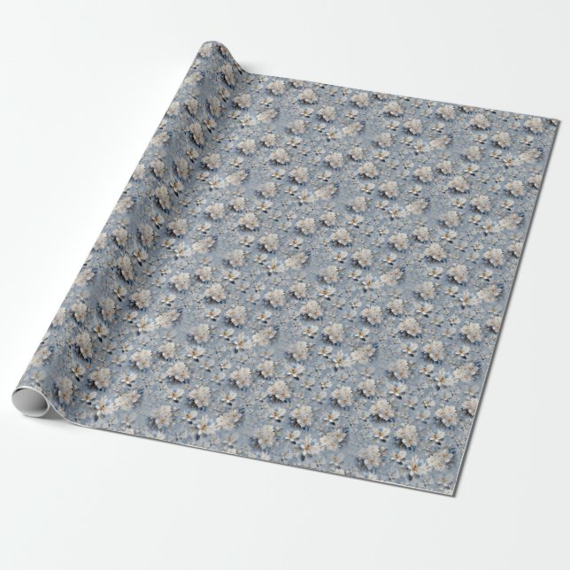 Papel De Presente Flores sedosas brancas e azul-claro se repetem (Desenrolado)