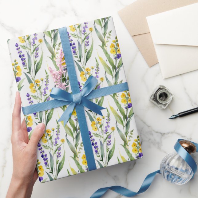 Papel De Presente Flores Selvagens Amarelas Roxas Chuva de Noiva Aqu (Presentear)