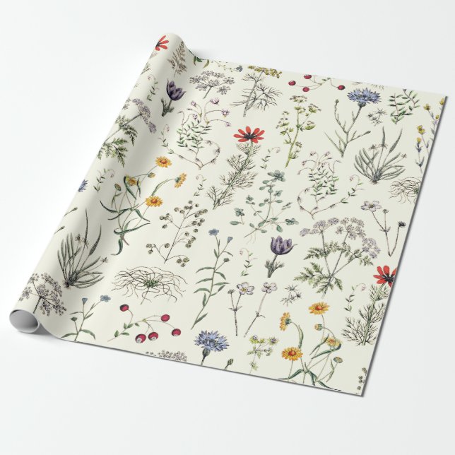 Papel De Presente Flores Selvagens Botânicas Elegantes Brancas (Desenrolado)