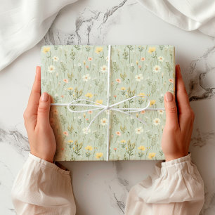 Papel De Presente Flores Selvagens de Jardim Floral Padrão Verde Bot