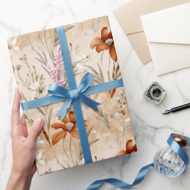 Papel De Presente Flores selvagens Terracotta Padrão Botânico (Presentear)
