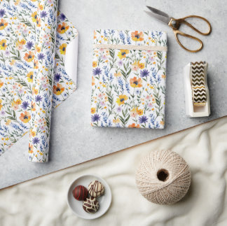 Papel De Presente Flores Silvestres Alegres em Aquarela